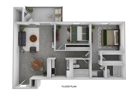 a stylized 1 bedroom floor plan with a bathroom and a living room